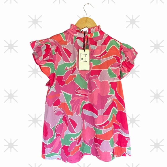 NWT THML Abstract Colorful Ruffle Sleeve Blouse Size XS - Picture 1 of 4